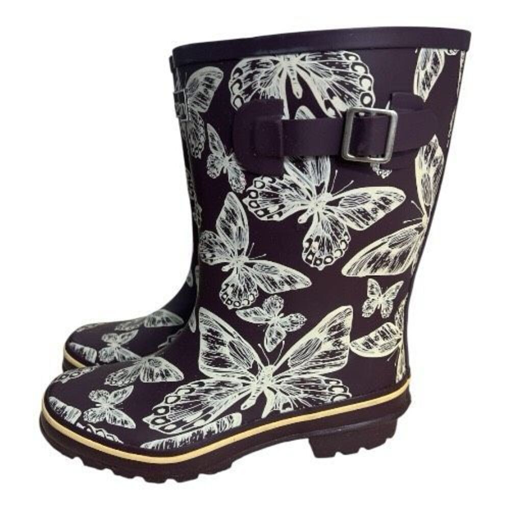 Jileon Mid Calf Rubber Rain Boots Women Size 6 Purple Butterflies Wide Calf